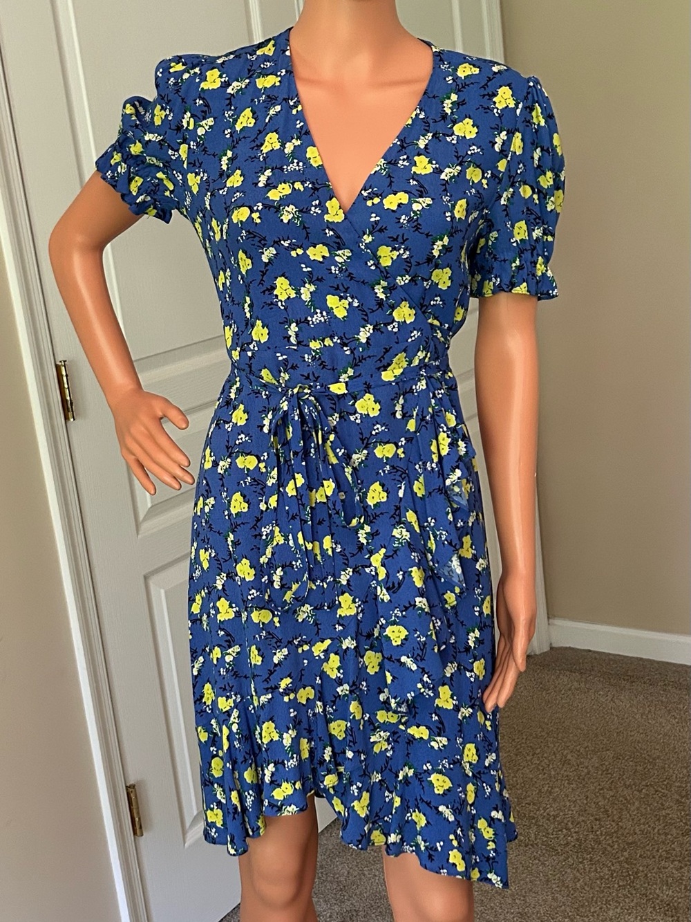 Diane Von Furstenberg Navy Blue Floral Wrap Midi Dress with Yellow Print